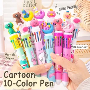Cute cartoon 10-color shuttle pen with 3D animal toppers for kids writing and drawing