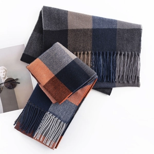 Mens checkered cashmere-like scarf in navy blue and orange with classic fringe edges