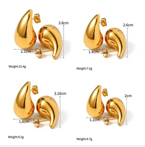 Size chart showing 18K gold teardrop earrings in four different dimensions and weights