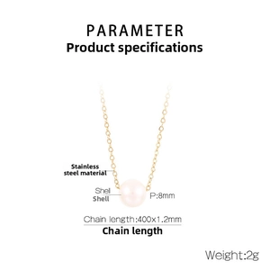 Detailed spec view of 8mm shell pearl necklace on 400mm 18K gold plated stainless steel chain