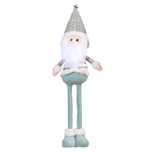 Telescopic Christmas plush doll with mint green knit hat and long legs on white background