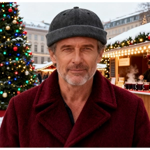 Outdoor close-up of charcoal grey cotton docker hat with textured twill fabric and rolled edge