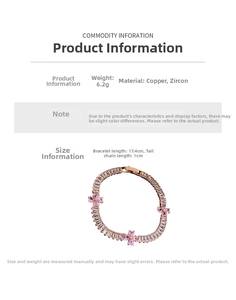 Detail of pink zircon flower bracelet in rose gold finish with 17.4cm chain length