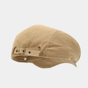 Minimalist khaki cotton beret hat with adjustable retro metal buckle and eyelets