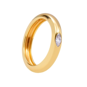 Macro detail of polished gold ring featuring a marquise-cut clear zircon center stone