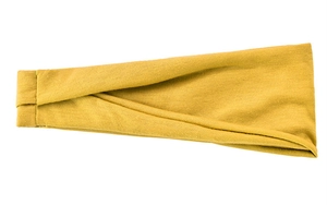 Detail view of mustard yellow knitted sports headband with soft fabric texture
