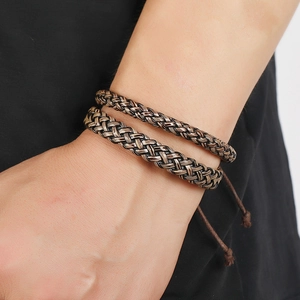 Retro double-layer woven leather bracelet for men with adjustable cord fastening