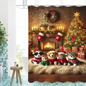 Christmas shower curtain featuring festive cats and dogs by a cozy fireplace scene