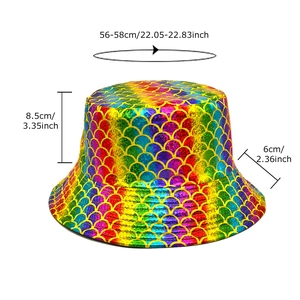 Rainbow holographic bucket hat with fish scale pattern and size dimensions 56-58cm