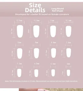 Detailed size chart for pink peach press-on nails with 12 oval shapes and dimensions