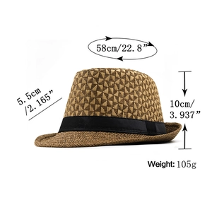 Straw fedora sun hat with black ribbon, head size 58cm, breathable summer style