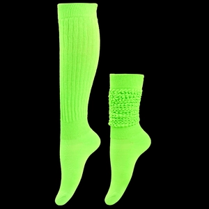 Neon green slouch socks in thick terry knit shown stretched and stacked on black background