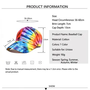 3D colorful tie-dye graffiti cotton baseball cap with adjustable size and 7cm brim