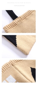 Macro detail of khaki knit tote bag showing ribbed top edge and geometric pattern textures