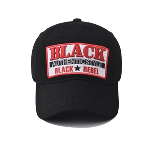 Black cotton baseball cap with multi-layer embroidered Black Rebel patch on front