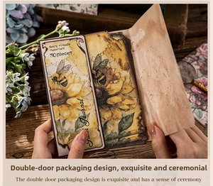 Detail of sunflower collage paper pack with double door design for vintage journaling