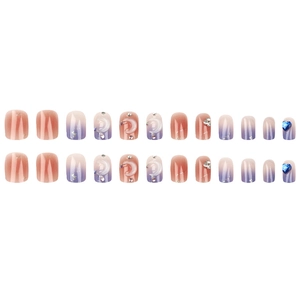 Star and moon press-on nails with pink purple gradient, 3D relief, and heart gems