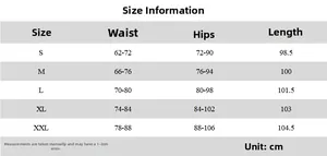 Detailed size chart for leopard print flared pants showing measurements in centimeters