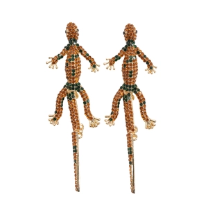 Luxury gecko-shaped gold drop earrings with vibrant orange and green crystal accents
