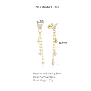 Detailed size specifications for gold butterfly tassel S925 silver earrings with zirconia