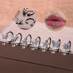 Stainless Steel C Shaped Lip Ring Butterfly Flower Zircon Cartilage Piercing Jewelry For Women Fashion Silver Color