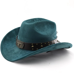 Dunkelgrüner Western-Cowboyhut aus Wildleder mit Stierschädel-Schnalle und Nieten