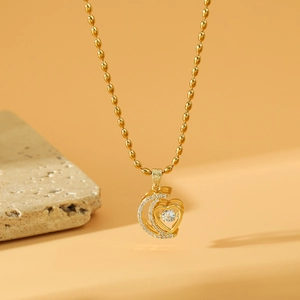 18K gold heart and moon pendant necklace with micro-pave crystals on beaded chain