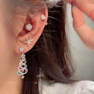 Elegant Christmas tree earrings set with colorful cubic zirconia and a cute silver bear