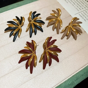 Elegant 18k gold plated flower stud earrings in black, brown and burgundy floral designs