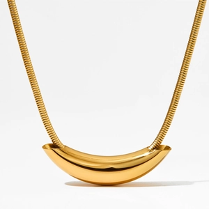 Minimalist gold stainless steel snake chain necklace with a curved tube pendant
