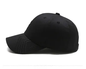 Side view detail of black cotton baseball cap with SPORT embroidery and stitched lines