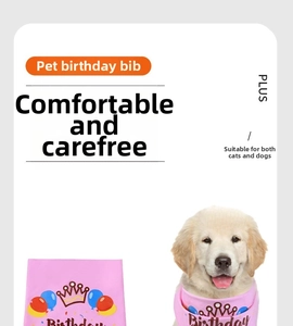 Pink birthday bandana for dogs and cats featuring golden crown and balloon patterns