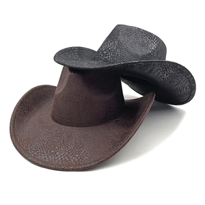 Western snake print cowboy hats in dark brown and black featuring embossed textures
