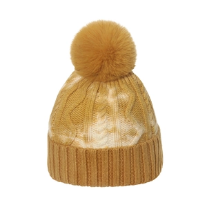 Winter gradient yellow cable knit beanie with large faux fur pom-pom and ribbed cuff