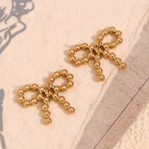 Chic 18K gold plated stainless steel bow stud earrings with beaded texture detail