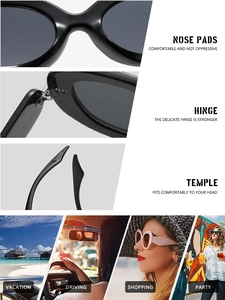 Detail of oval black sunglasses with reinforced hinges and comfortable integrated nose pads