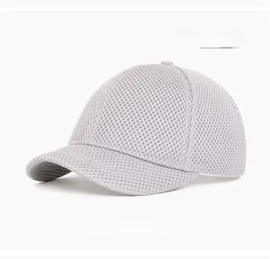 Close-up of light gray mesh baseball cap featuring breathable polyester fabric details