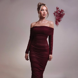 Detail view of burgundy ruched mesh dress showing off-shoulder neckline and bodycon texture