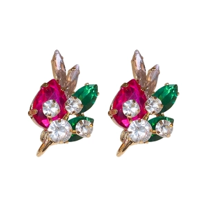 Elegant floral drop earrings with pink water-drop stones and green marquise crystals