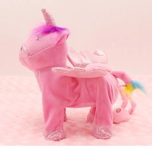 Detail of pink plush unicorn with sparkly wings and rainbow mane showing power button
