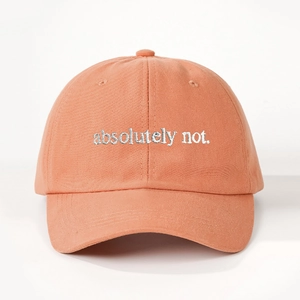 Detail of coral orange cotton baseball cap with white absolutely not embroidery