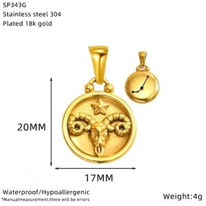 18K gold plated stainless steel 12 zodiac Aries round pendant charm 20mm x 17mm