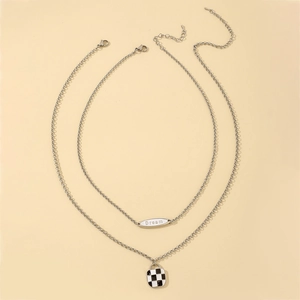 Retro Minimalist Ins Style Women Double Layered Alloy Necklace With Enamel Checkerboard Square And Dream Letter Oval Pendant