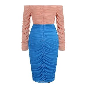 Detail of pink and blue ruched midi dress showing hidden back zipper and mesh texture