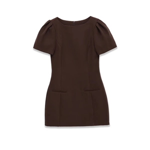 Short sleeve dark brown pleated dress with round neck and pockets on white background