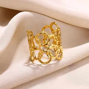 Detailed view of the hollow geometric rings and polished gold-plated finish on this wide band