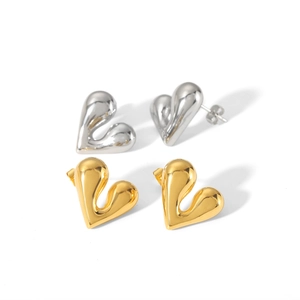 3D liquid heart stud earrings in polished gold and silver finishes for women