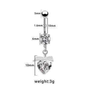 Dimensions détaillées du piercing de nombril en zircon coeur argenté avec tige 10mm