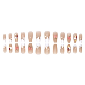 Sweet pink press-on nails with 3D peach charms, rainbow patterns and white drip tips