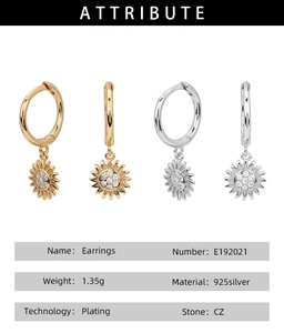 Detailed attribute chart for S925 silver sunflower earrings with CZ stone specifications